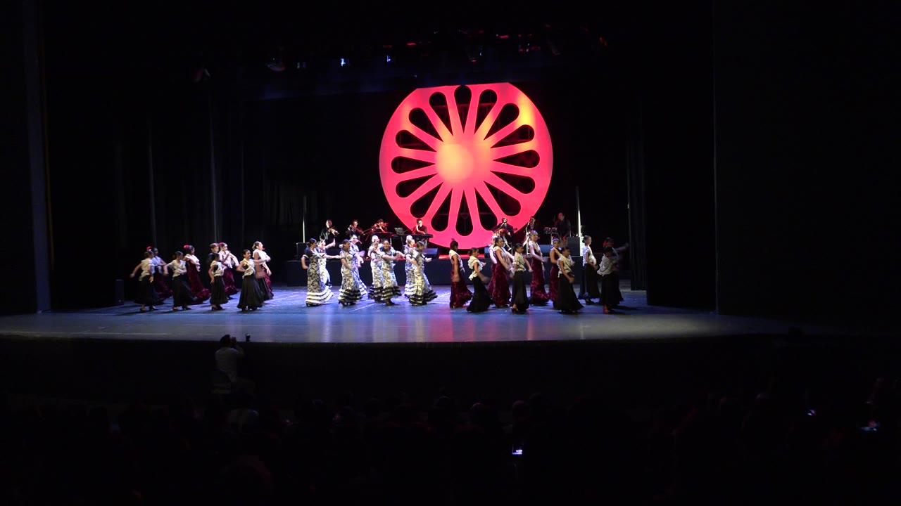 Wide view in Cabo San Lucas, Mexico of a large group of performers dancing on a dark theater stage in front of a glowing pink circular scenic backdrop.
