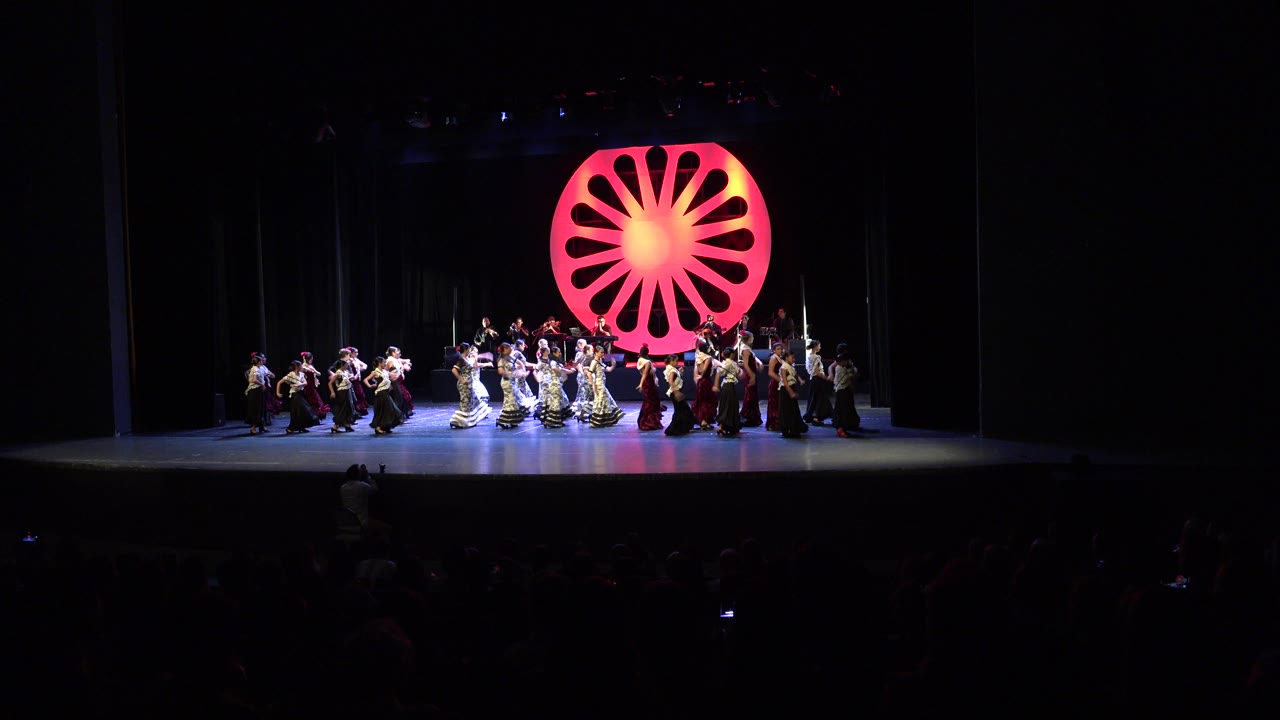 Large group dancing across a theater stage with audience silhouettes below