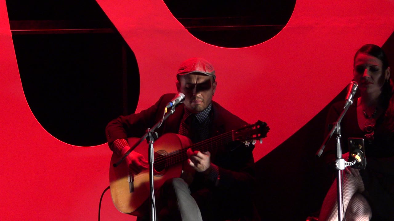 Man in a cap playing acoustic guitar at a microphone on a red-lit stage.