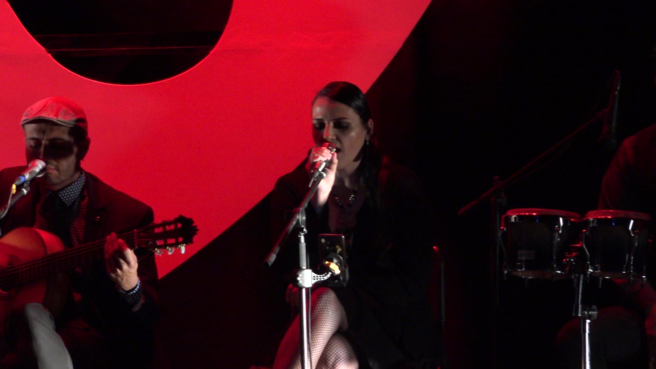 Singer at a microphone beside a guitarist under red stage lighting.