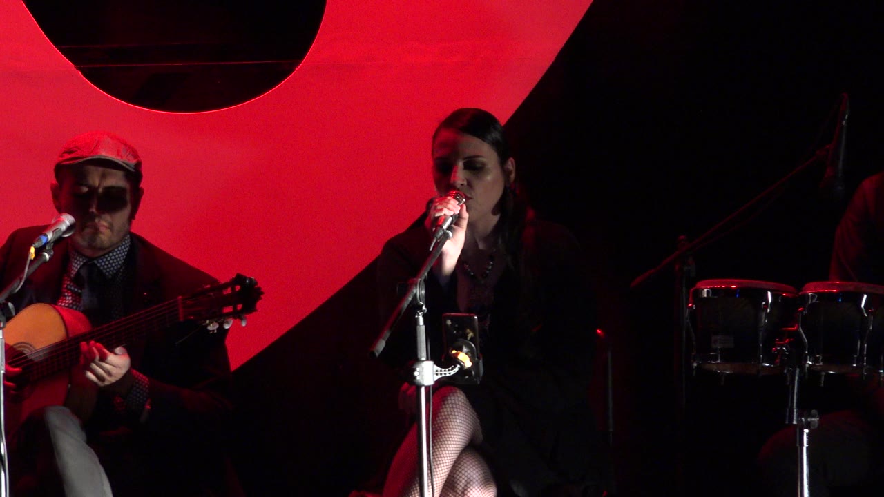 Woman singing at a microphone beside a seated guitarist on a red lit stage.