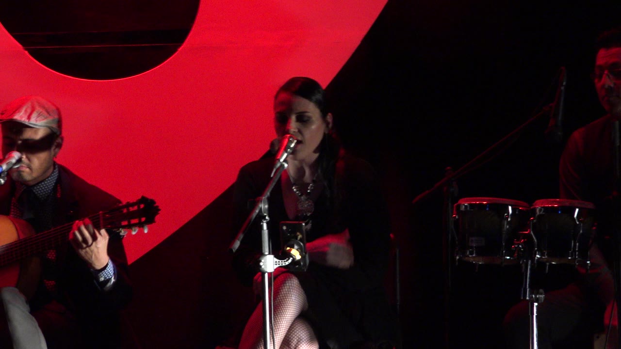 Woman singer at a microphone beside a seated guitarist on a red-lit stage.
