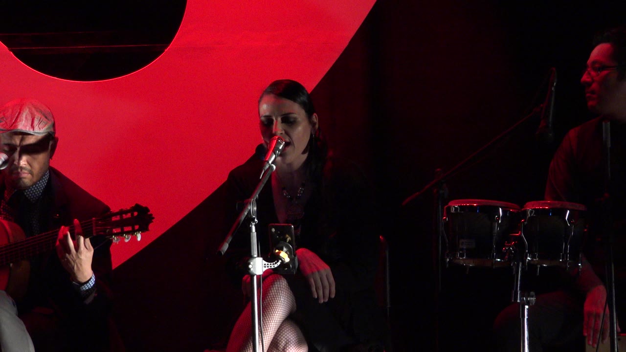 Female singer at a microphone with a guitarist and percussion on a red-lit stage.