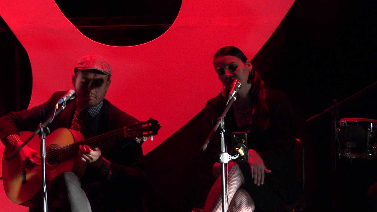 Man playing guitar beside a woman at a microphone on a red-lit stage.