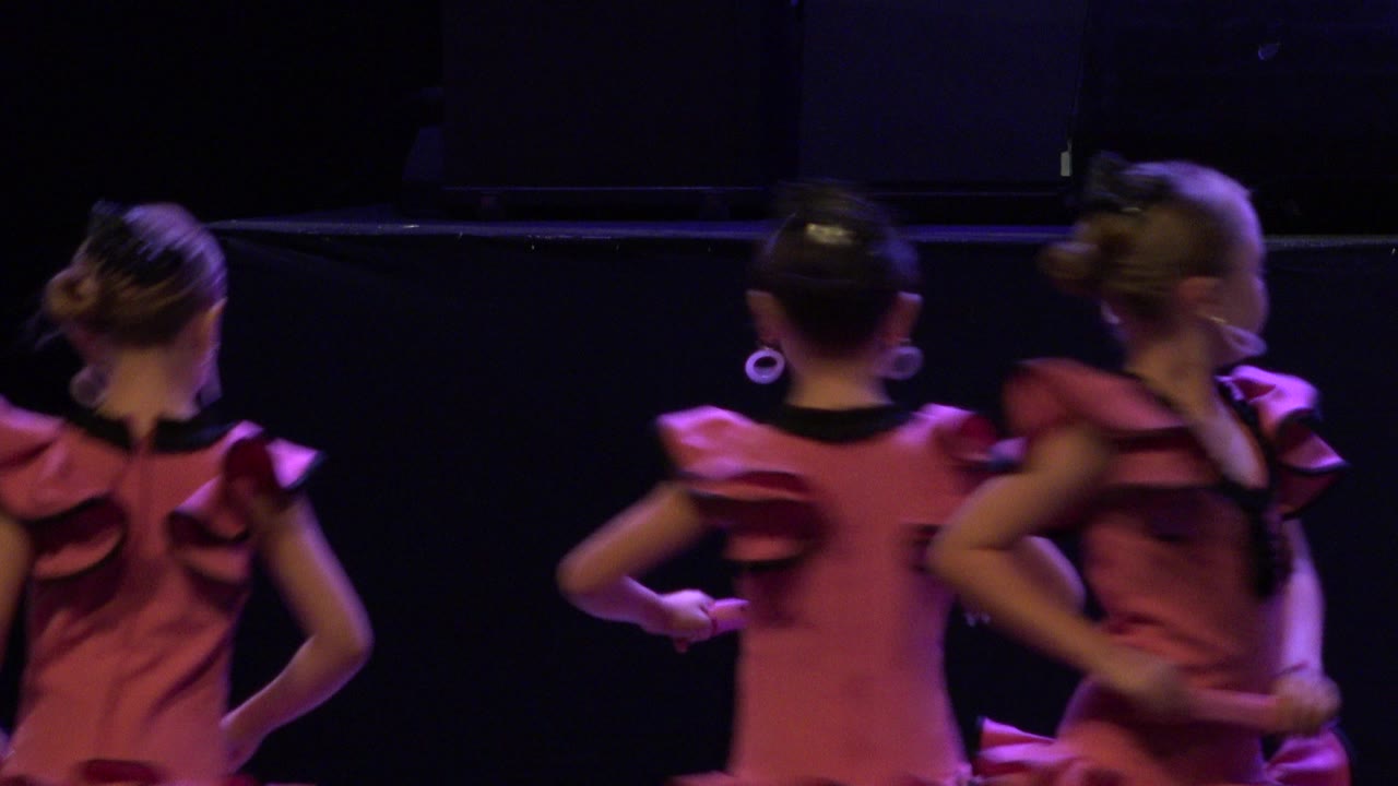 Girls in pink dance costumes seen from behind on a dark stage.