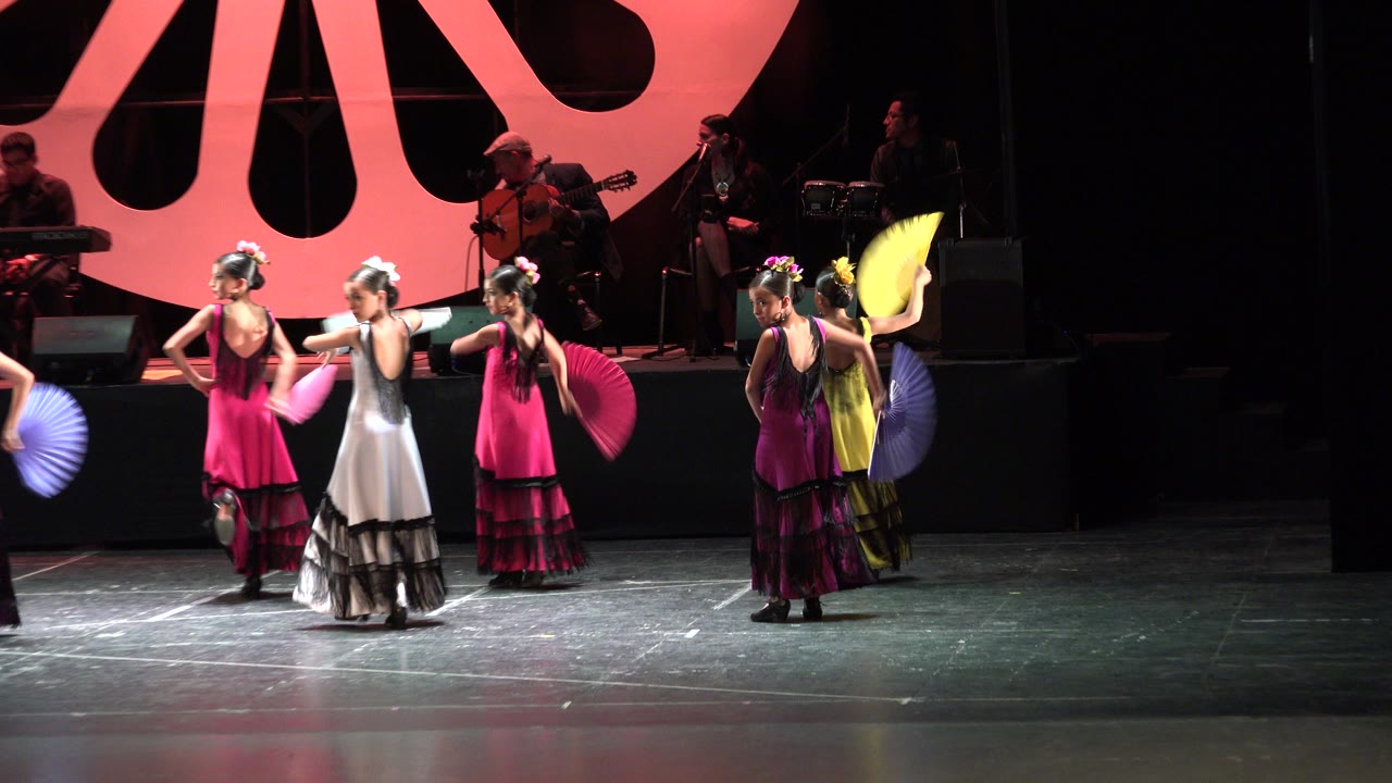 The dancers spread across the stage in Cabo San Lucas, Mexico, with pink, yellow, blue, and purple fans held at different heights.