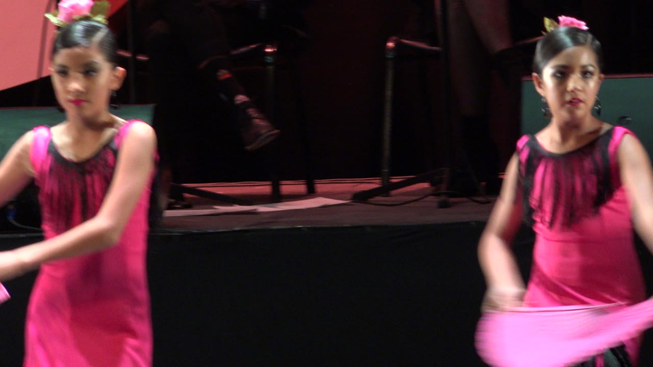 Dancer in a pink dress moves a fan on stage.