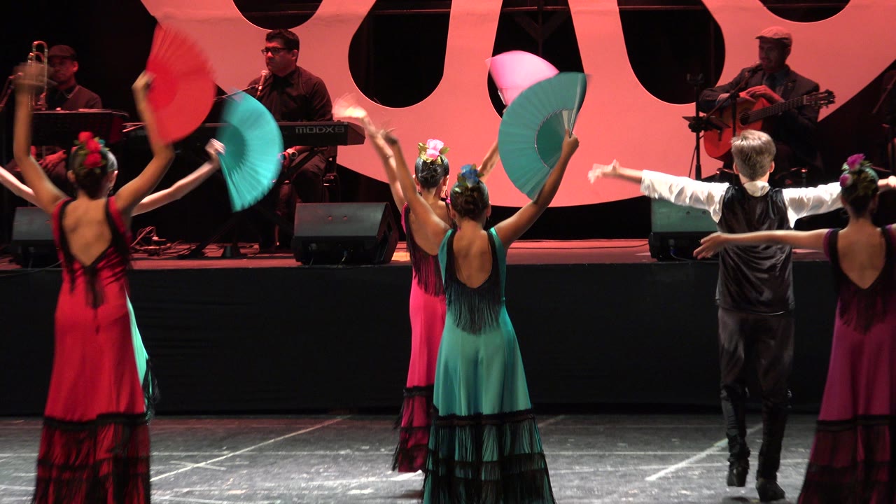 Dancers with colorful fans perform in front of live musicians on a red-lit stage.