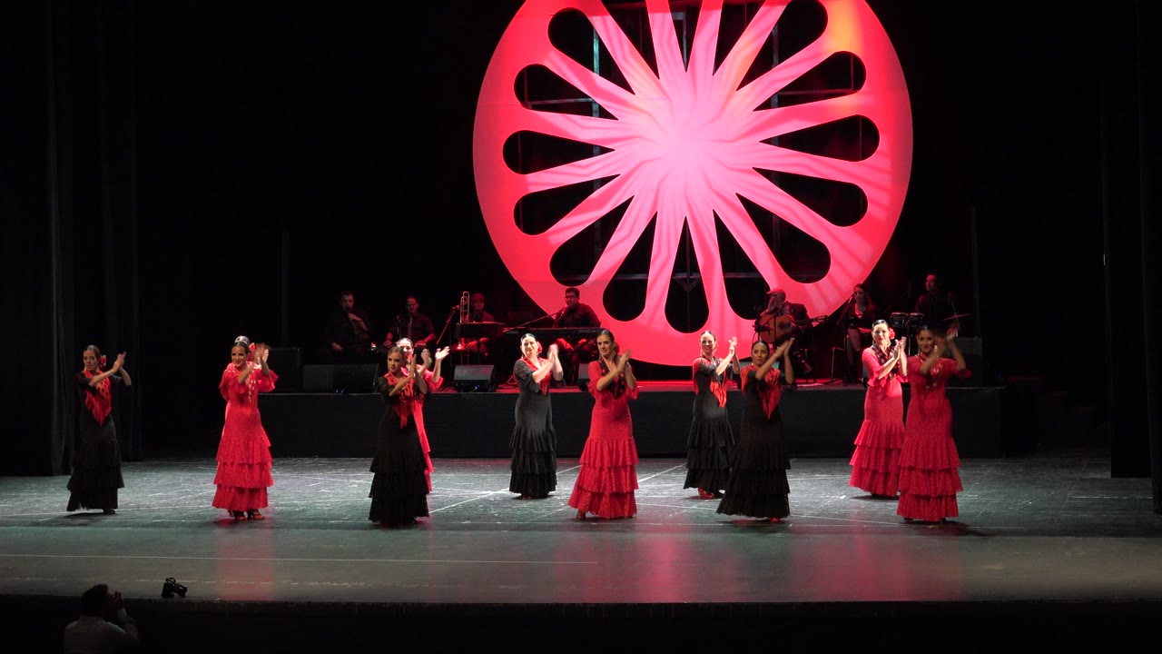 Women perform in a line on stage with musicians behind them.