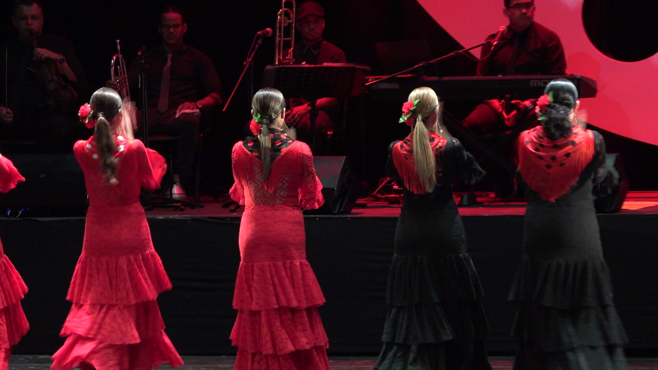 Flamenco dancers seen from behind on a red-lit stage with musicians in back.