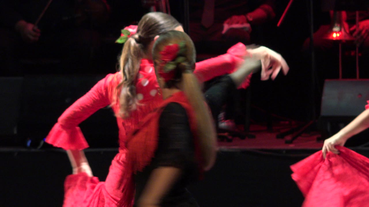 Women in red and black dance costumes move across a dark stage in Cabo San Lucas, Mexico, with one dancer's ponytail and hair flower near the foreground.