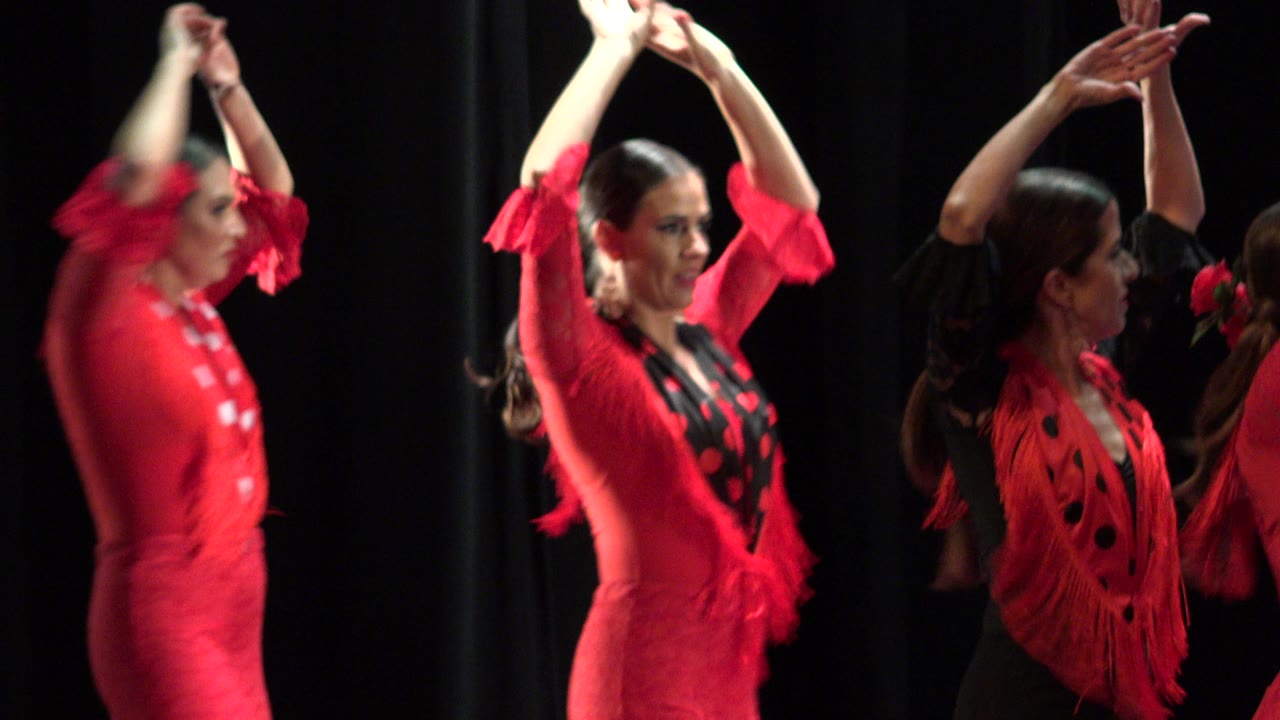 Three adult women in Cabo San Lucas appear mid-performance, with red dresses, black shawl details, hair flowers, and blurred arms crossing the foreground.