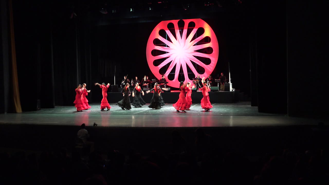Dance ensemble shifted right on a theater stage