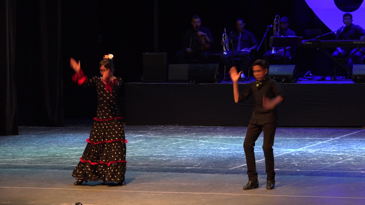 Two flamenco performers in Cabo San Lucas stand apart on stage, the woman in a black dress with red trim and the man in black, with musicians dimly lit behind them.