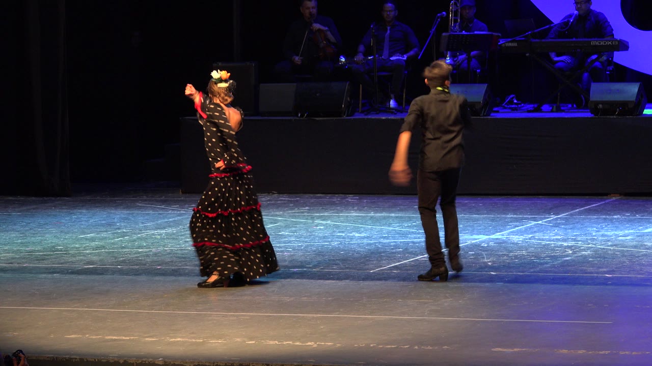 Two dancers on a theater stage with musicians in the background.