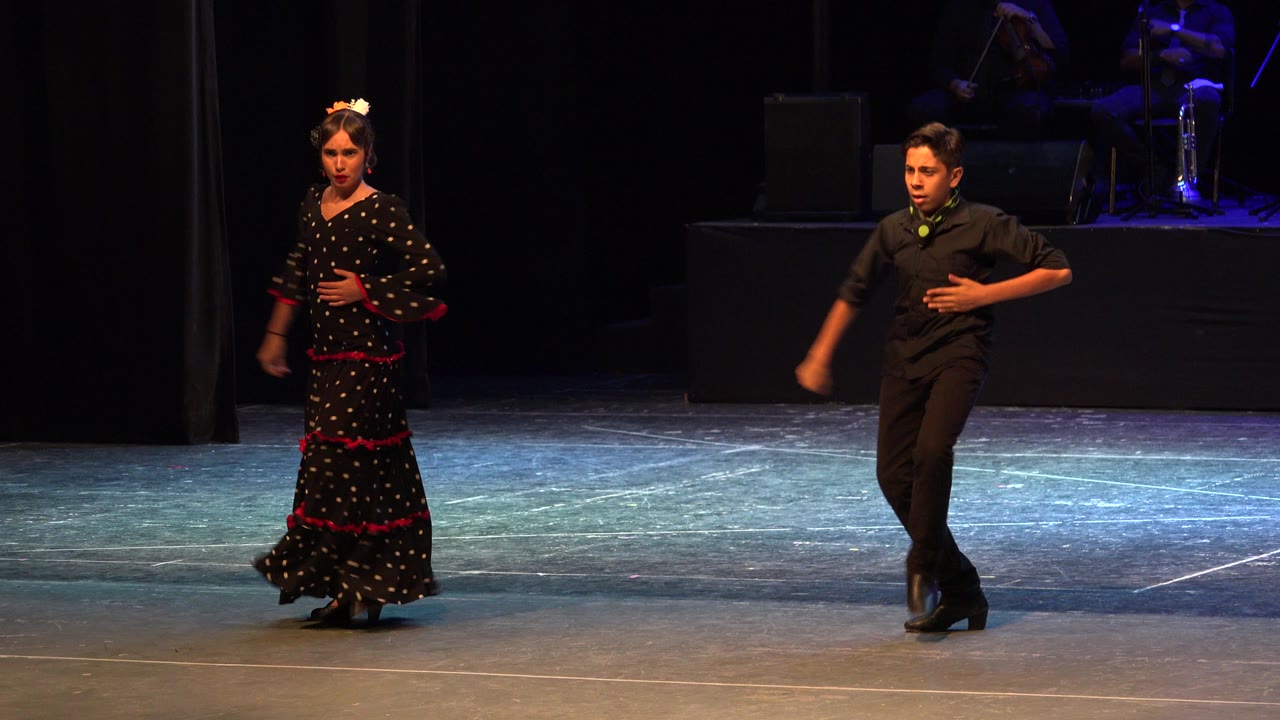 At 0:01, the female dancer faces forward while the male dancer steps with one hand near his chest on the Cabo San Lucas theater stage.