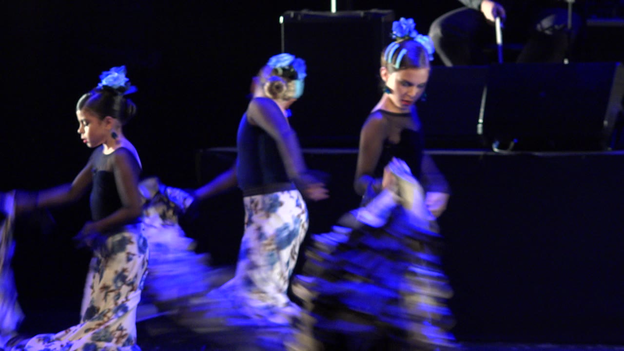 The dancers shift positions on the Cabo San Lucas stage, with the left girl stepping forward and the center and right girls blurred by skirt movement.