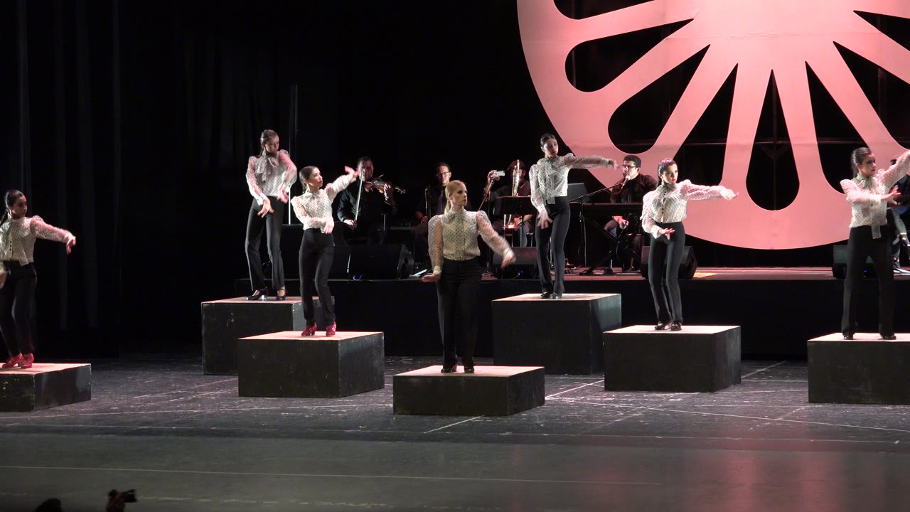 Performers on black risers during a stage act with musicians behind them.