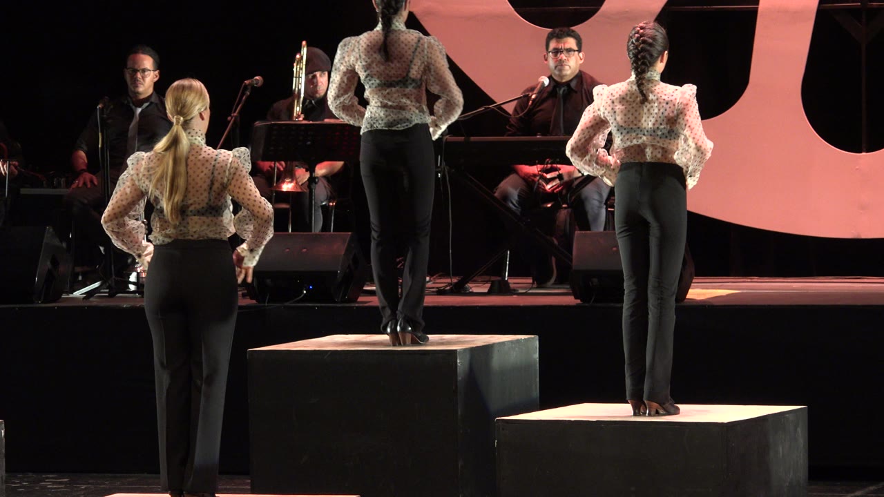 Women dancers in patterned tops and black pants stand on raised black platforms during a Cabo San Lucas stage performance, with seated musicians and a pink backdrop behind them.