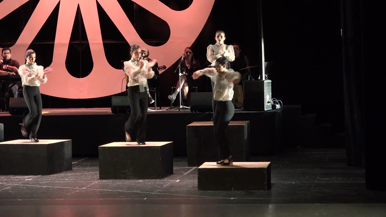 Women performing on stage with riser blocks and musicians behind them.