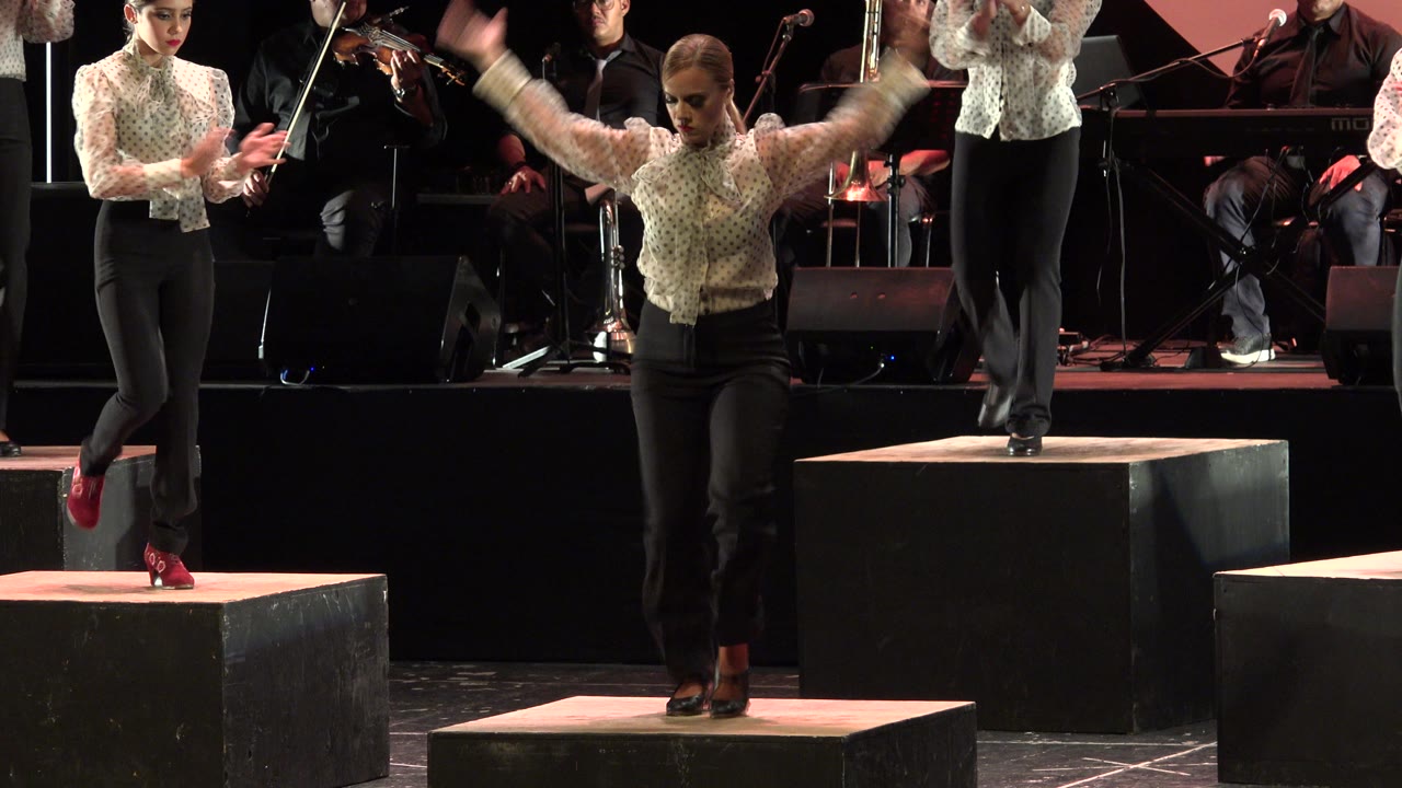 Stage dancer stepping on a raised block beside a clapping performer.