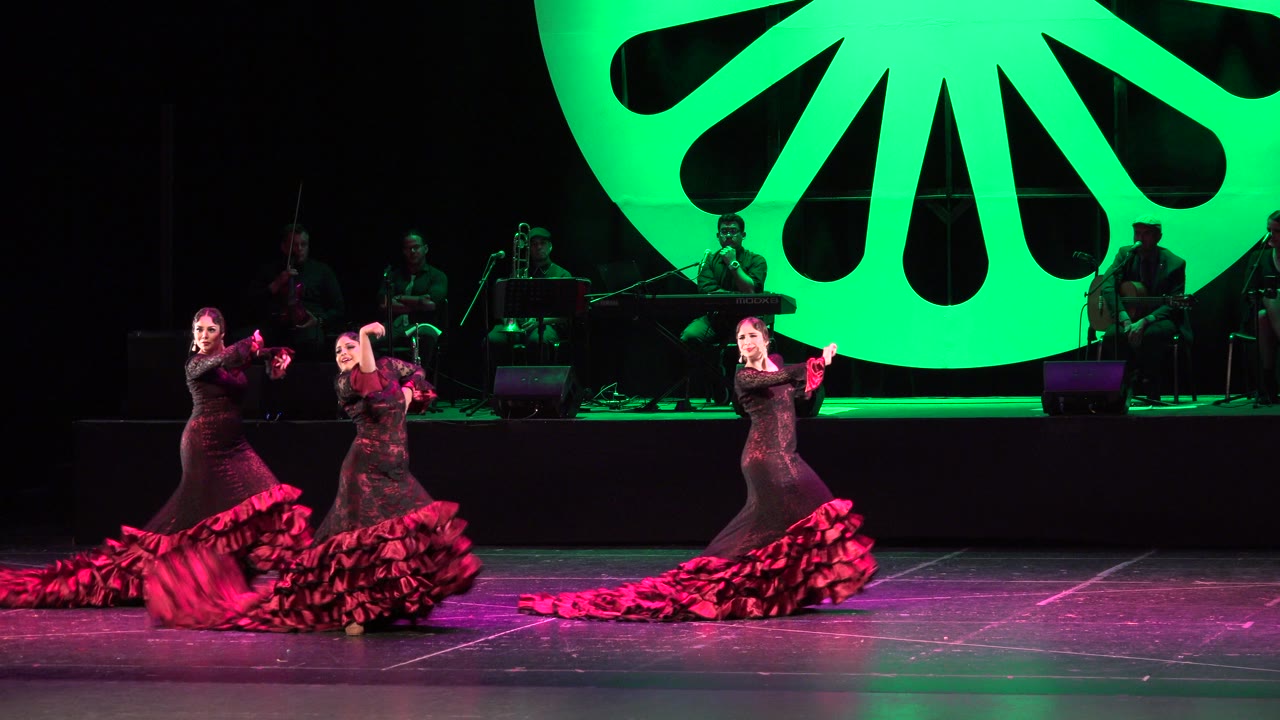 The three Cabo San Lucas performers hold raised arm poses across the foreground while the seated musicians remain visible on the dim rear riser.