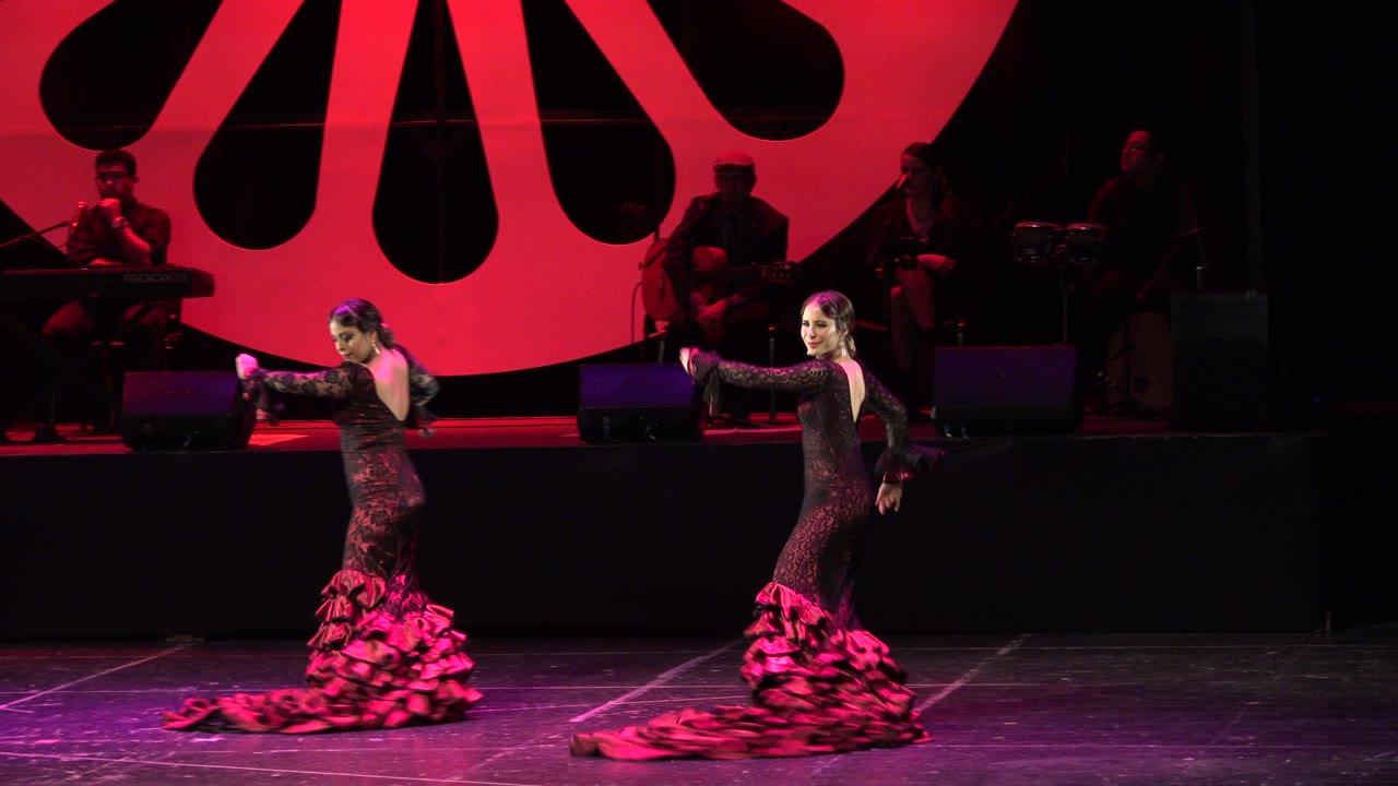 The dancers face each other mid-performance on a Cabo San Lucas stage, with magenta light on their dresses and musicians seated in the background.