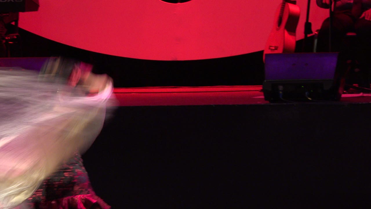 Blurred dancer fabric crossing a red-lit stage.