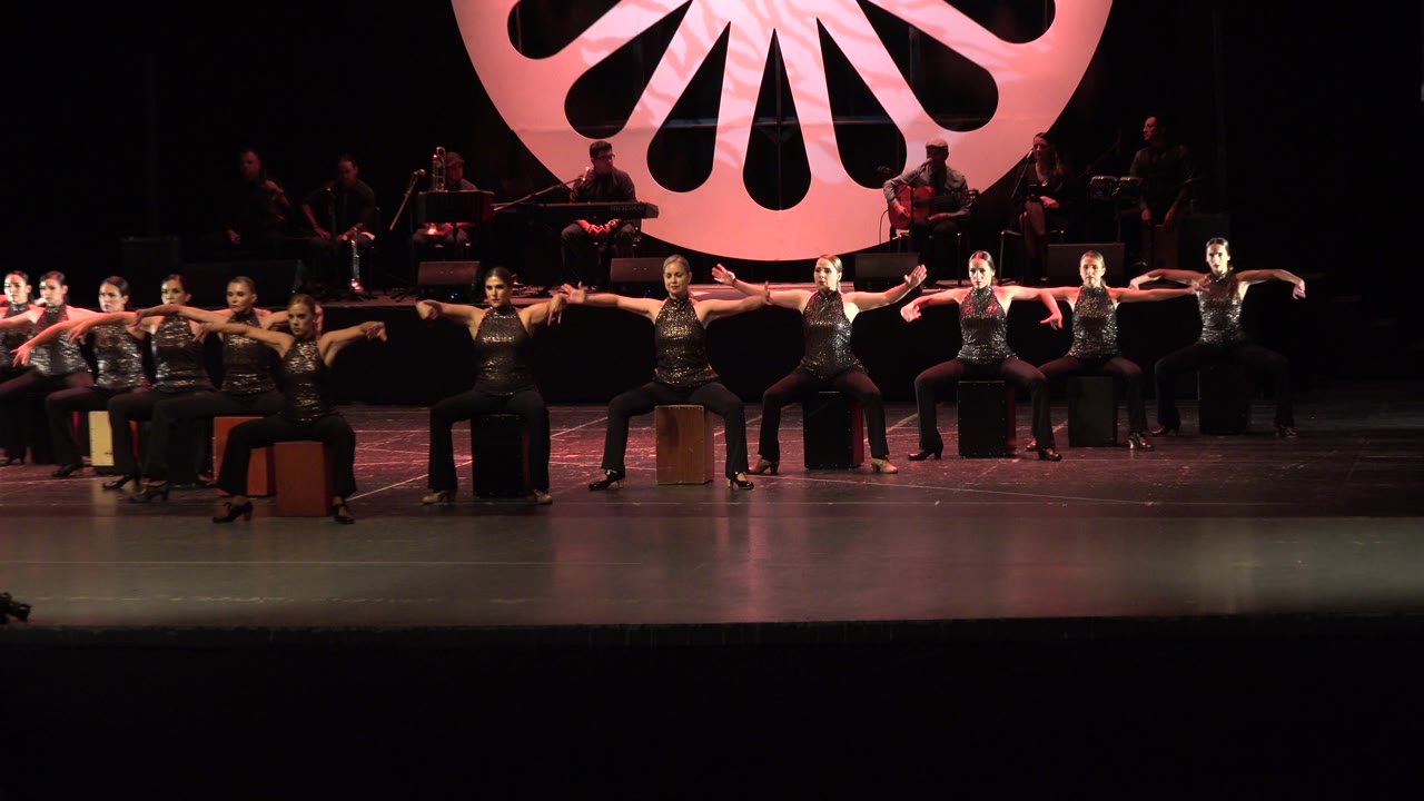 Dance ensemble stretches arms outward in a synchronized line.