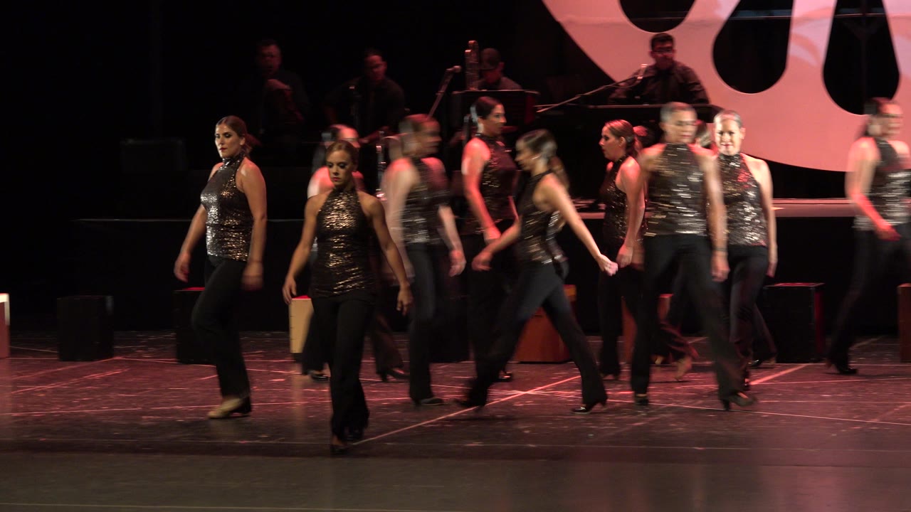 Women in sequined tops walk across a dim theater stage.