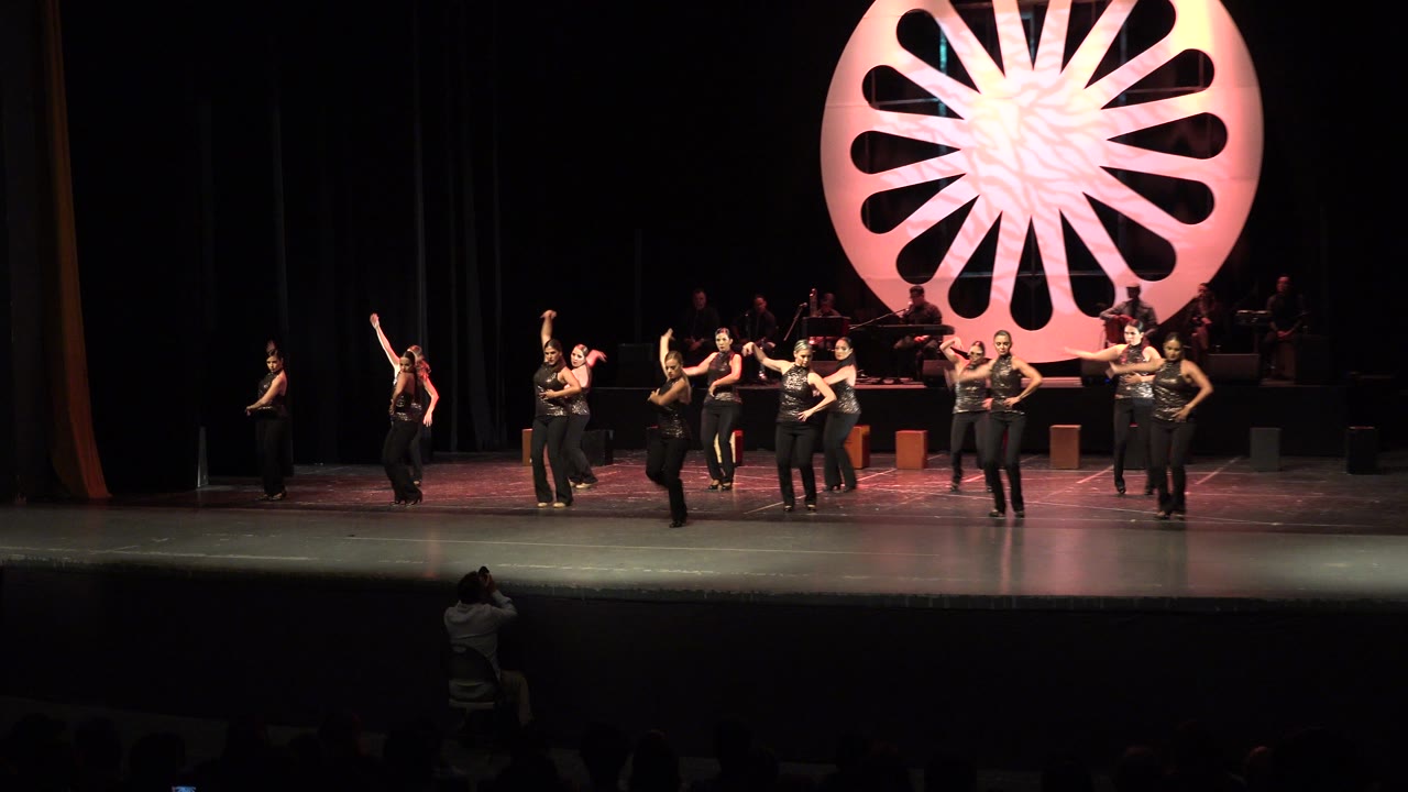 Wide stage view with women in black dancing before a pink circular backdrop.
