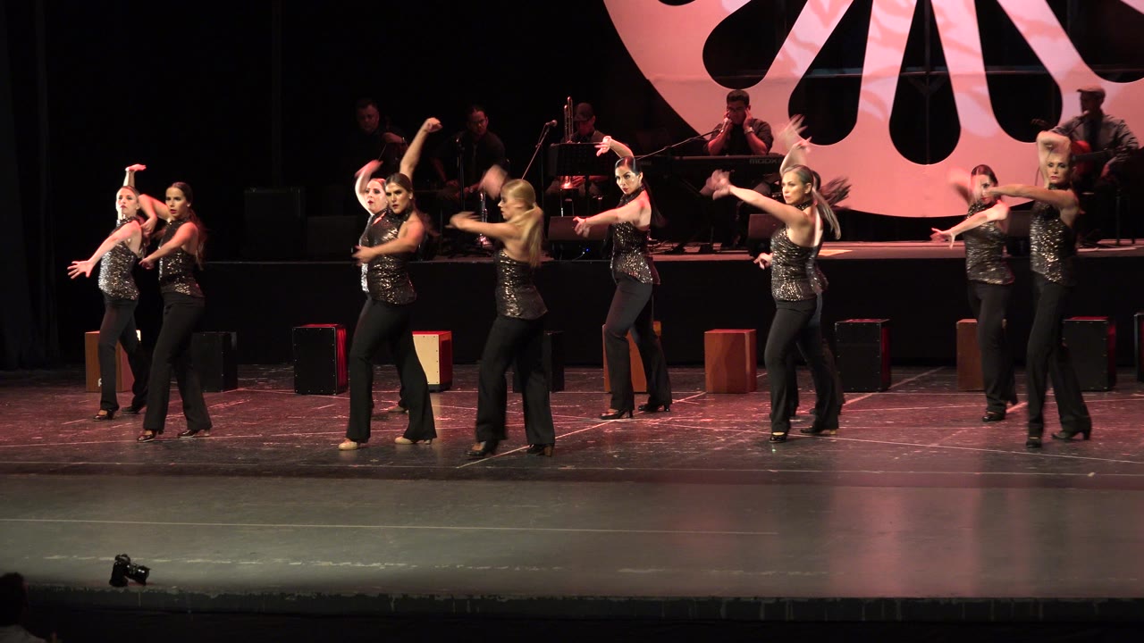 Young dancers in black outfits perform on a lit stage.