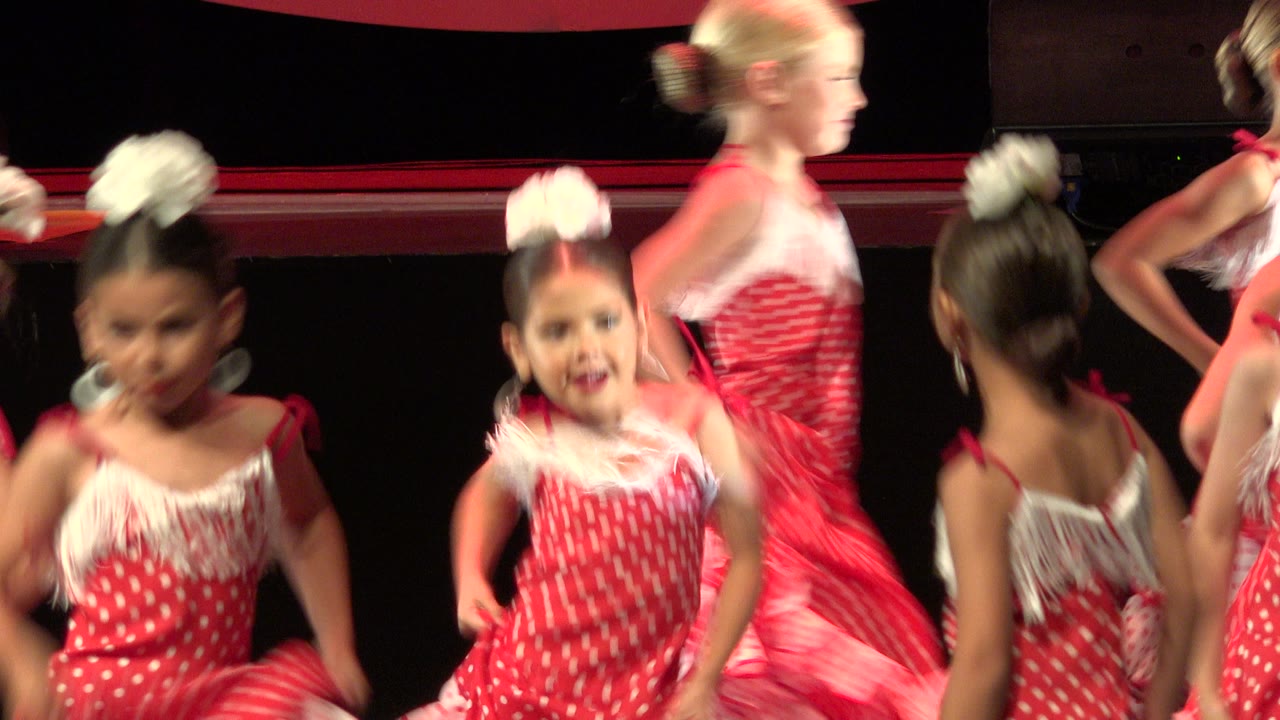 Children in red dance costumes on a theater stage.