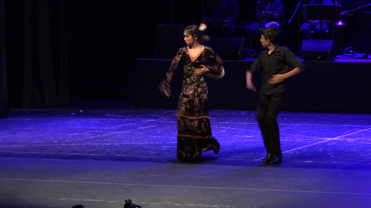 Dancers stepping across a dark stage.