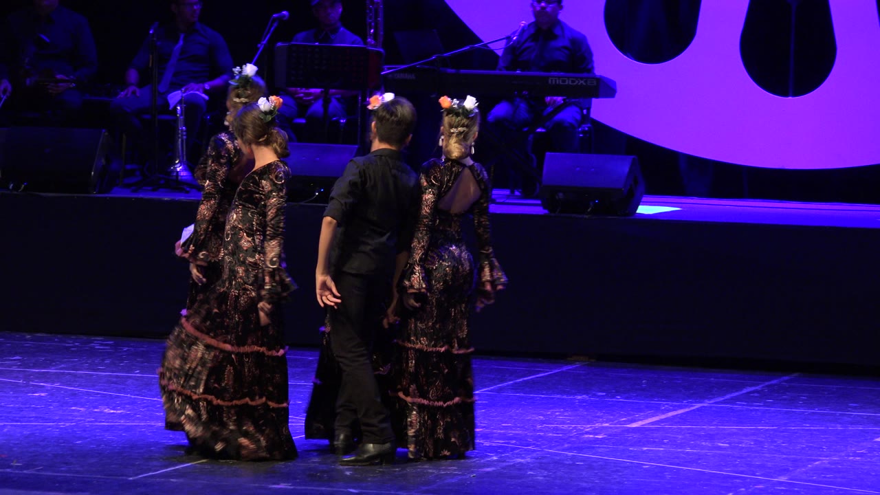 Dancers turned partly away from the camera during a stage routine.