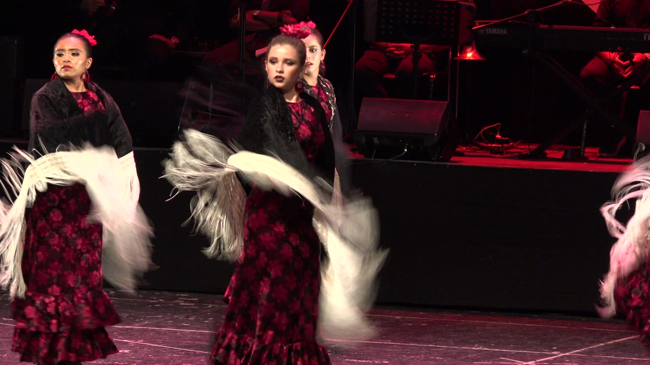 Three women in red dresses continue the flamenco performance in Cabo San Lucas, Mexico, with black shawls and blurred white fringe crossing the foreground.