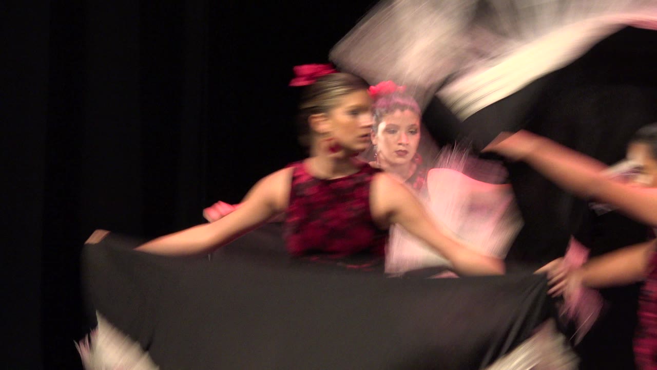 Dancers on a dark stage lift black and white fringed fabric.