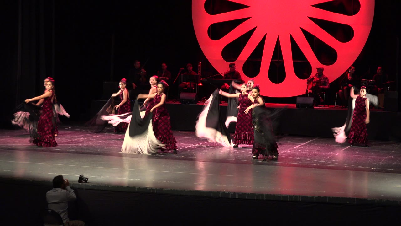 Wide view of women performing on a stage in Cabo San Lucas, Mexico, with shawls extended, musicians in the dark background, and a large red circular backdrop above them.