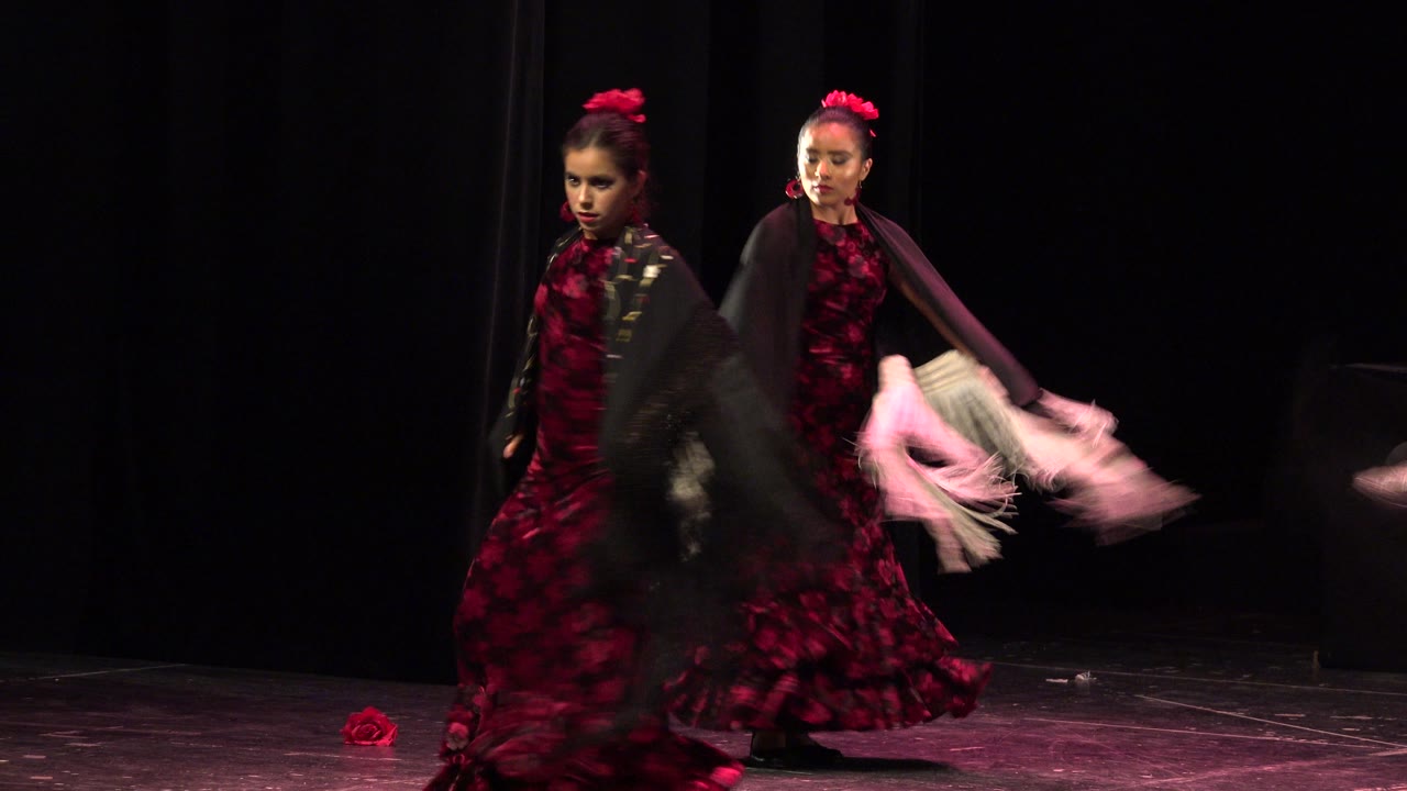 Two young dancers in Cabo San Lucas stand on a dark stage in red patterned dresses and black shawls, with pink light on the floor and a small red flower near the foreground.