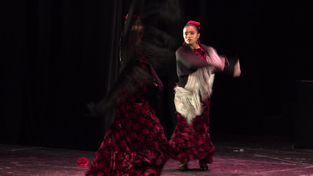 One dancer turns while another faces forward with a shawl raised.