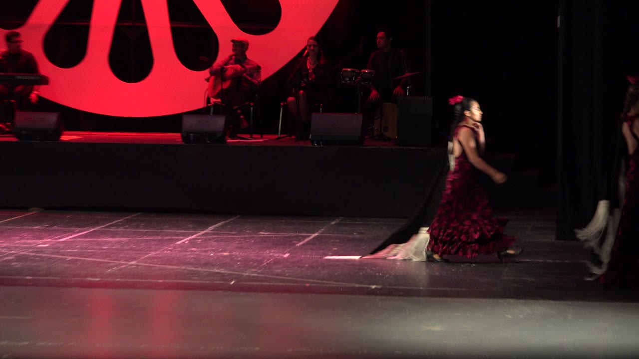 Dark stage with red circular light and performer crossing foreground.