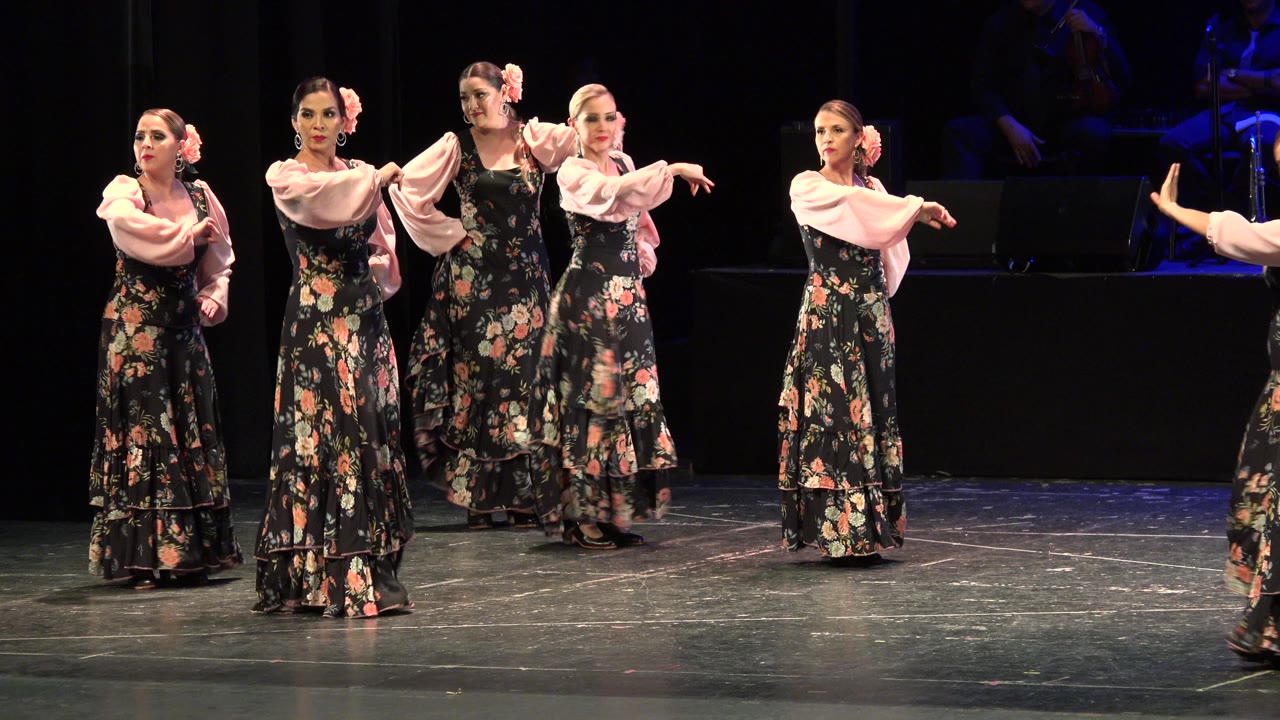 Four women in black floral dresses and pink sleeves dance on a dark stage.