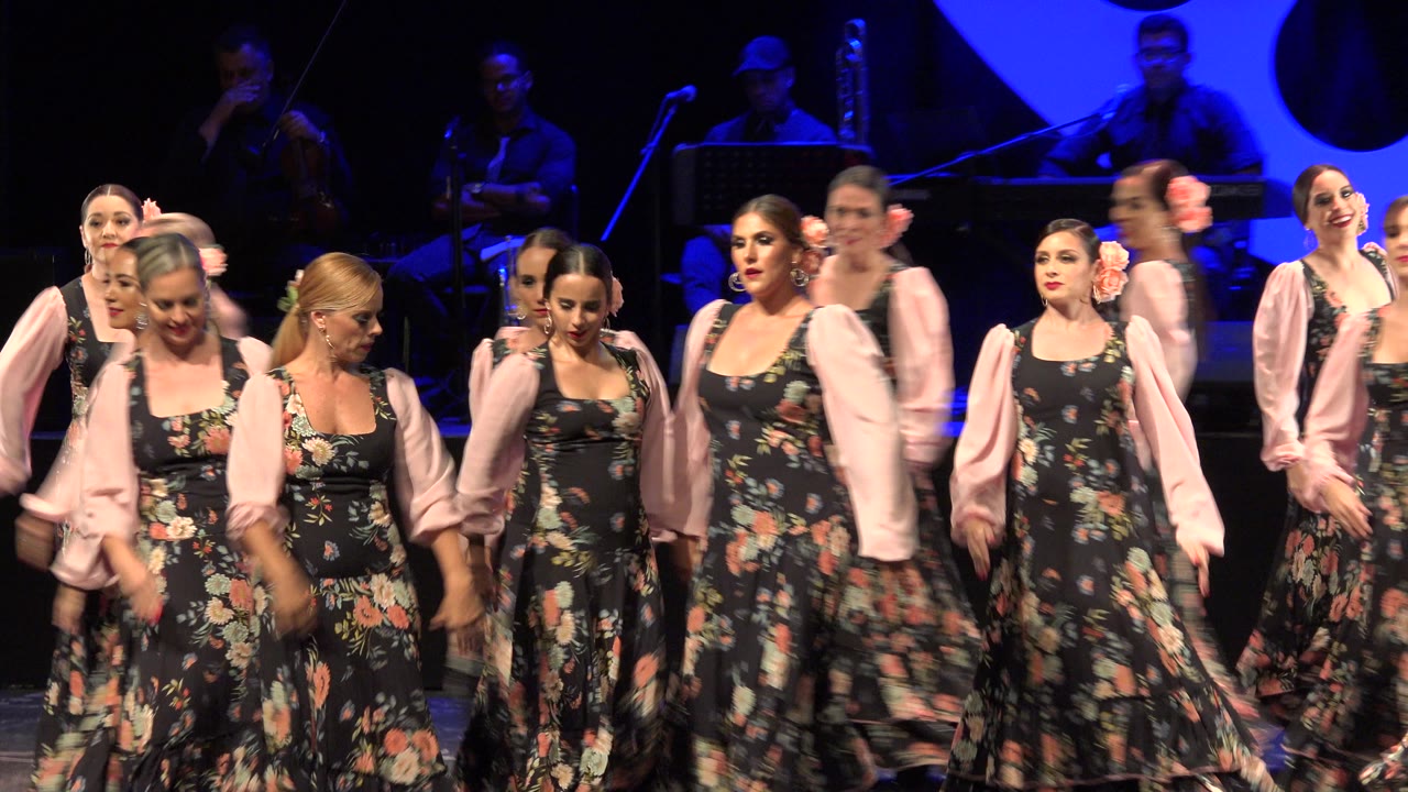 Line of women dancers facing forward on a theater stage.