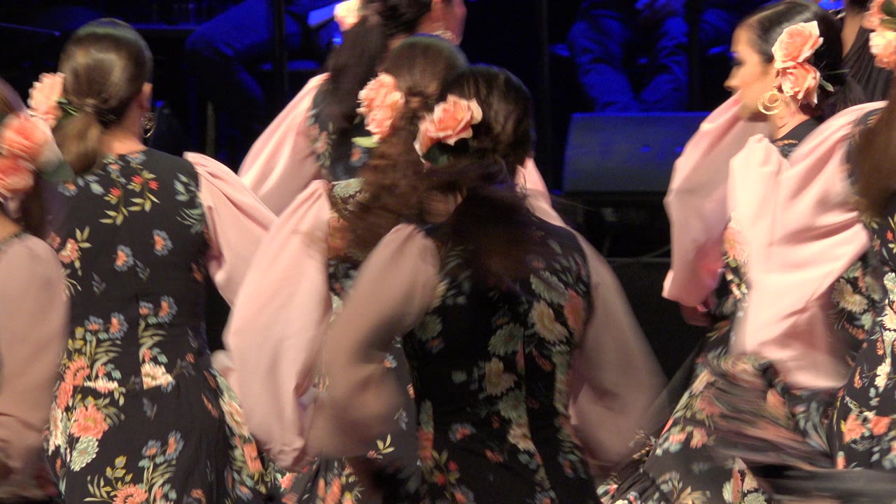 Several women in black floral and pale pink costumes cross paths on a Cabo San Lucas stage, with faces partly turned away and blue-lit equipment in the background.