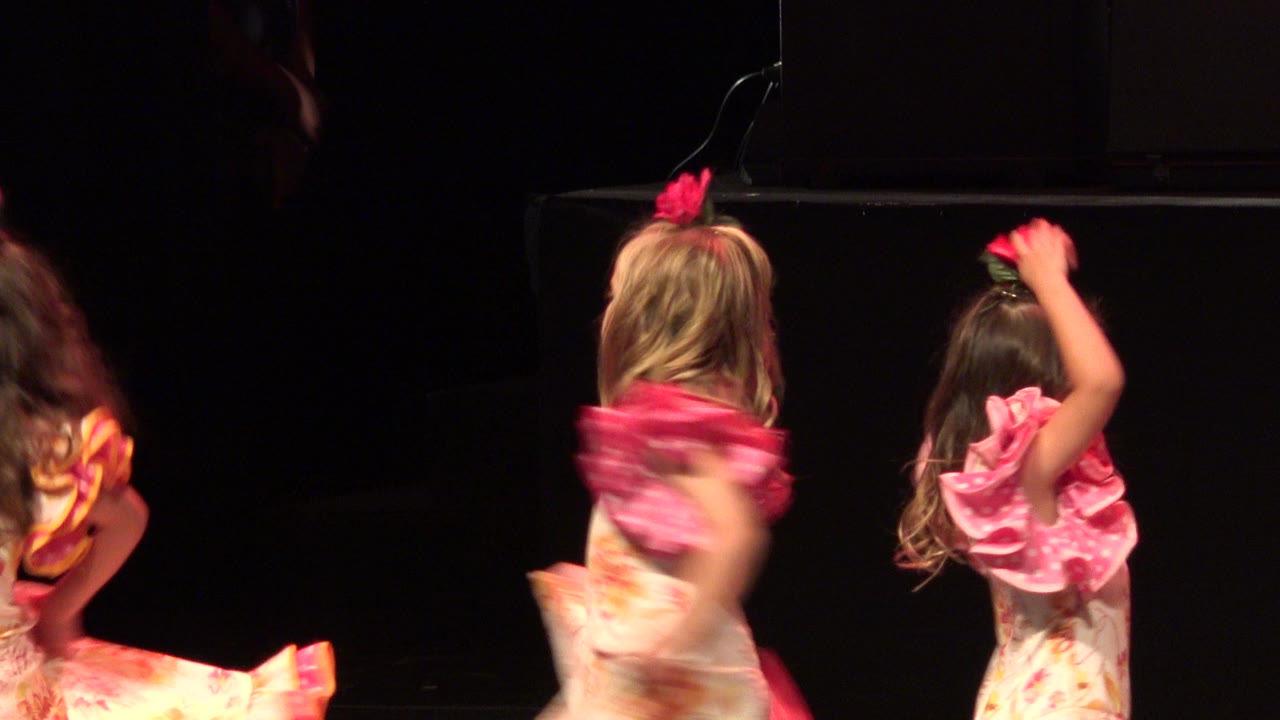 Young girls in pink ruffled costumes dance on a dark stage.