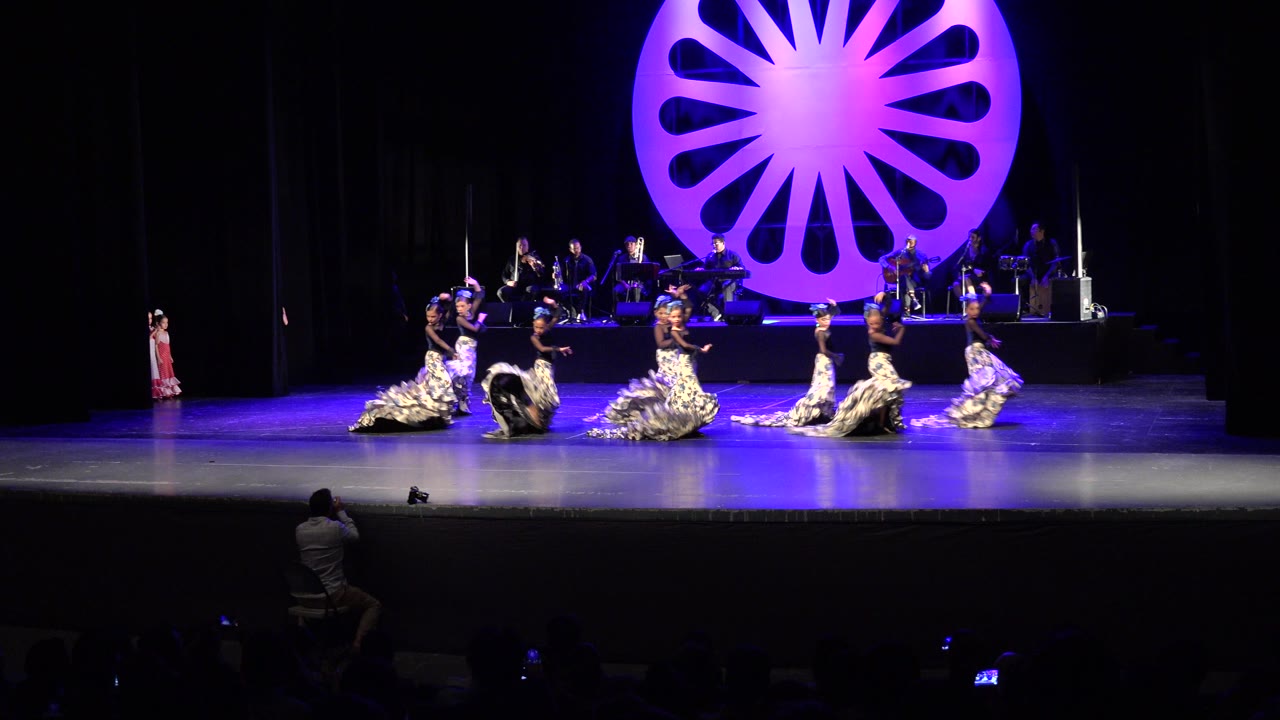 Wide view of a Cabo San Lucas stage performance with dancers low to the floor, musicians on a rear riser, a purple circular backdrop, and audience silhouettes at the bottom.