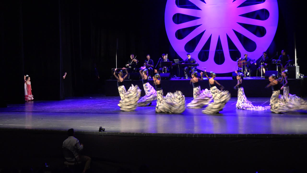Dancers sweep long skirts in a line across the purple-lit stage.