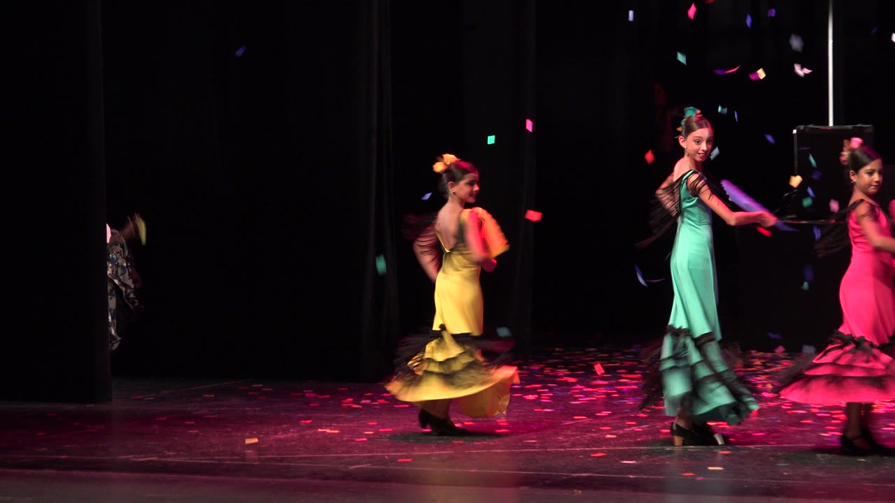 In Cabo San Lucas, Mexico, the dancers spread across the stage while the girl in yellow turns with an orange fan and confetti lands on the lit floor.
