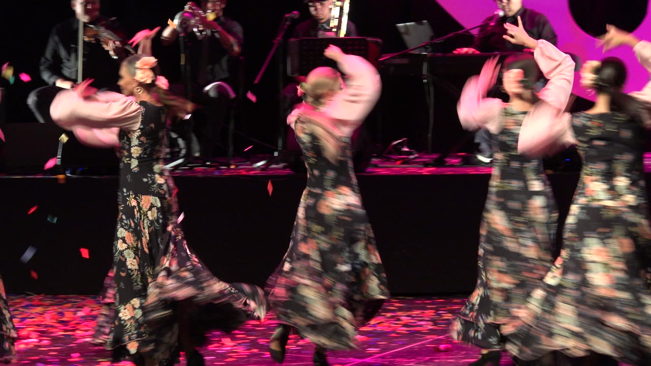 A group of flamenco dancers turns in front of the band in Cabo San Lucas, Mexico, with motion blur in the dresses and arms under pink stage lighting.