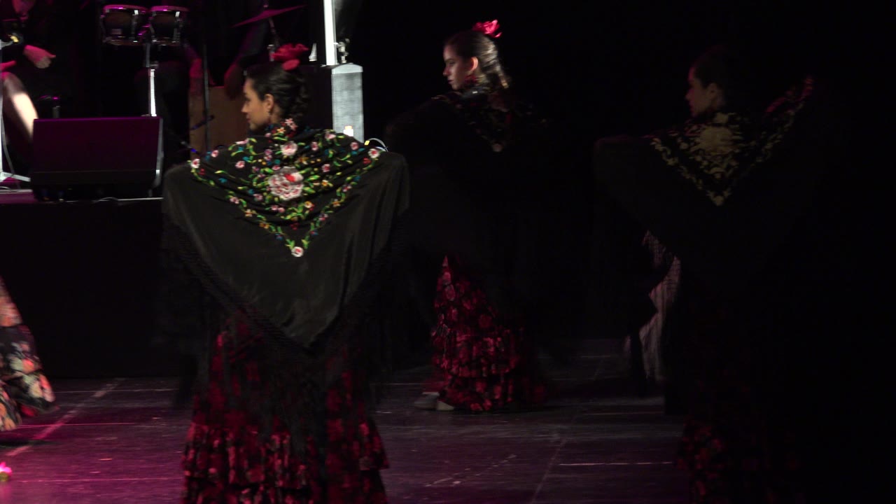 A central dancer faces away in a black floral shawl while other performers and stage equipment sit in dim light behind her in Cabo San Lucas.